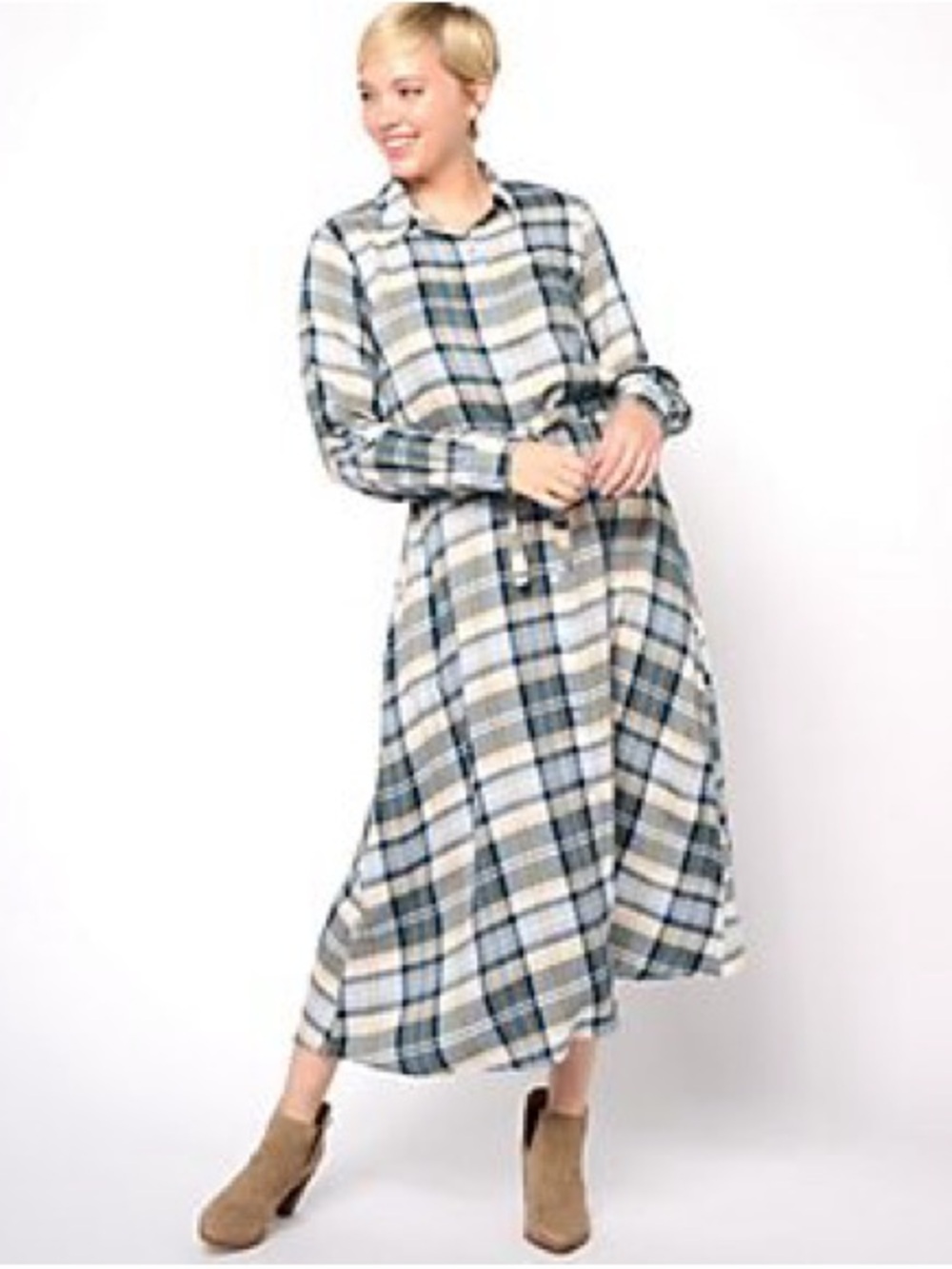 Plaid Button-Front Maxi Dress with Tie Waist - Blue and Cream